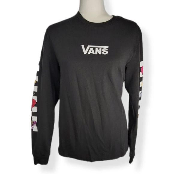Vans Tops - Vans Black long sleeve crewneck tee with floral checkboard pattern on sl…